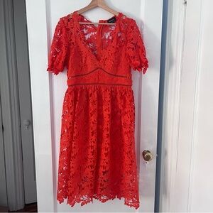 Red/orange midi dress, deep v neckline, worn once